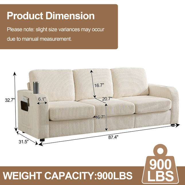 Domicare 87.4" Oversize 3 Seater Couch,Upholstered Sofa for Living Room,Modern Deep Seat Comfy Loveseat Couch with Cup Holders, Beige, Black, Blue, Gray