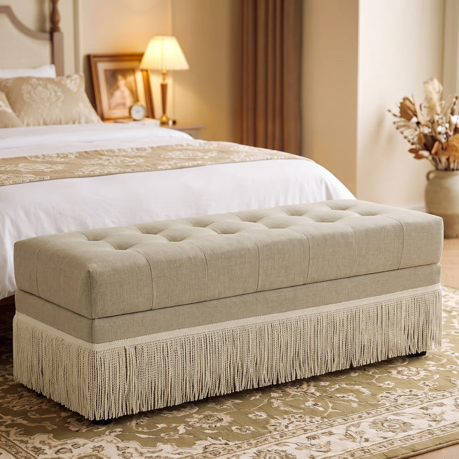 Upholstered Ottoman with Fringe Trim, Tufted Cushion, Wooden Legs and Safety Support Hinge