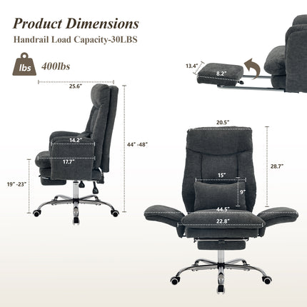 Reclining Office Chair with Footrest, 400 lb Capacity, 5-Level Adjustable Arms, 3.9 in Height Adjustment