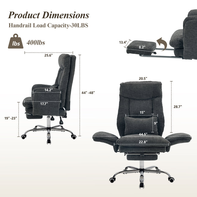Reclining Office Chair with Footrest, 400 lb Capacity, 5-Level Adjustable Arms, 3.9 in Height Adjustment