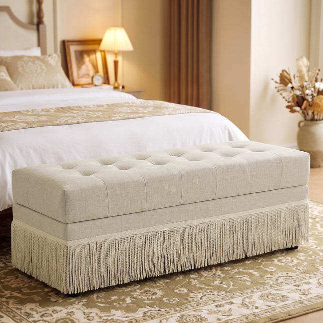 Upholstered Ottoman with Fringe Trim, Tufted Cushion, Wooden Legs and Safety Support Hinge