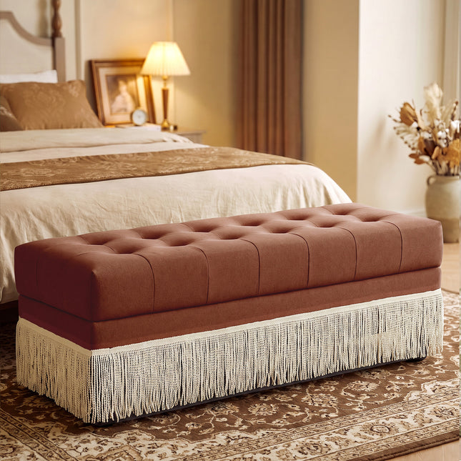 Upholstered Ottoman with Fringe Trim, Tufted Cushion, Wooden Legs and Safety Support Hinge
