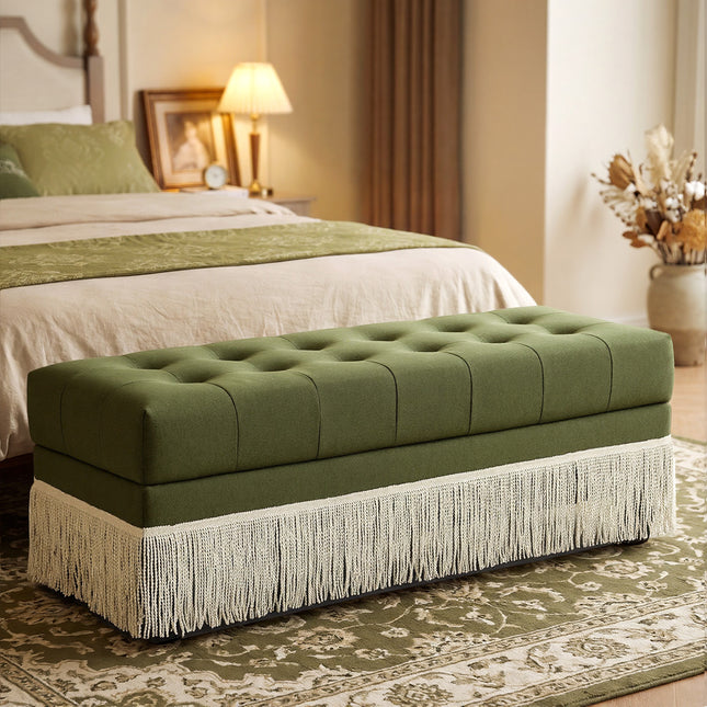 Upholstered Ottoman with Fringe Trim, Tufted Cushion, Wooden Legs and Safety Support Hinge