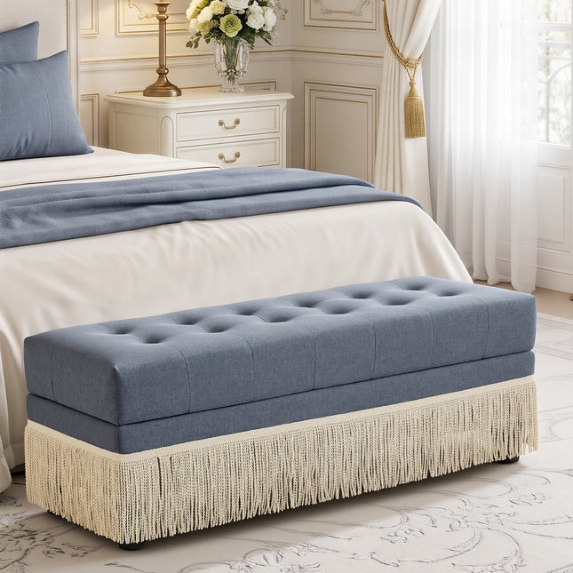 Upholstered Ottoman with Fringe Trim, Tufted Cushion, Wooden Legs and Safety Support Hinge