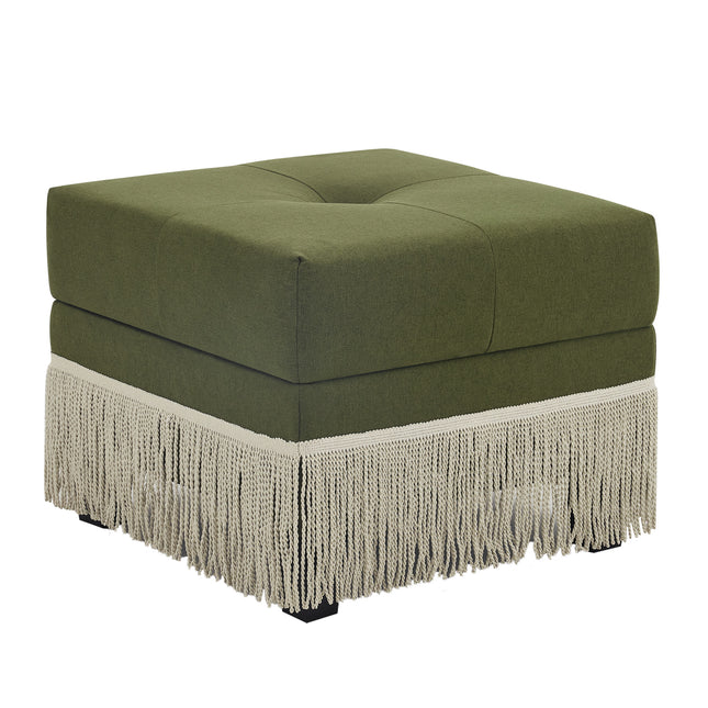 Upholstered Ottoman with Fringe Trim, Tufted Cushion, Wooden Legs and Safety Support Hinge