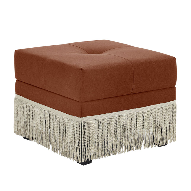 Upholstered Ottoman with Fringe Trim, Tufted Cushion, Wooden Legs and Safety Support Hinge