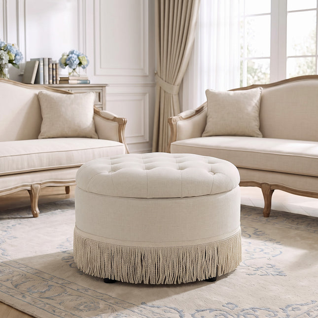 Upholstered Ottoman with Fringe Trim, Tufted Cushion, Wooden Legs and Safety Support Hinge