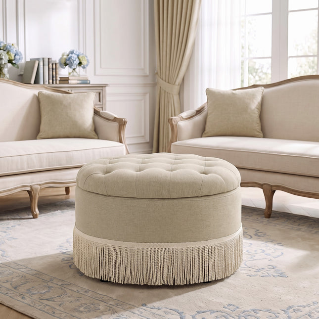 Upholstered Ottoman with Fringe Trim, Tufted Cushion, Wooden Legs and Safety Support Hinge