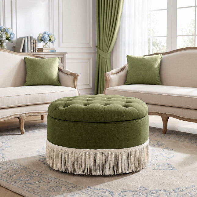 Upholstered Ottoman with Fringe Trim, Tufted Cushion, Wooden Legs and Safety Support Hinge