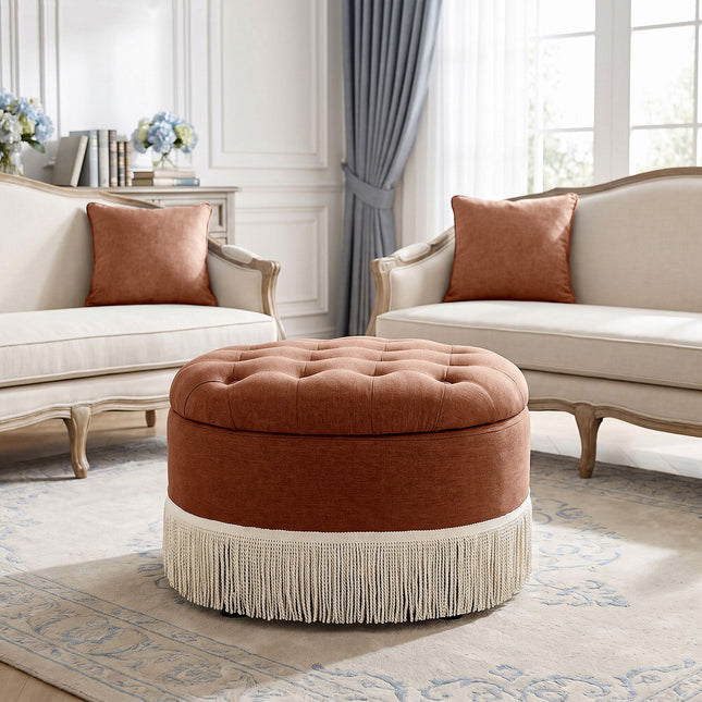 Upholstered Ottoman with Fringe Trim, Tufted Cushion, Wooden Legs and Safety Support Hinge