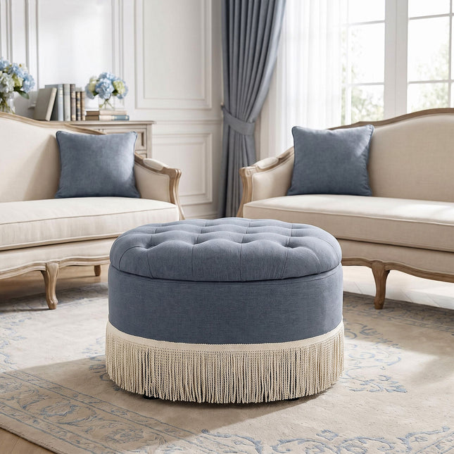 Upholstered Ottoman with Fringe Trim, Tufted Cushion, Wooden Legs and Safety Support Hinge