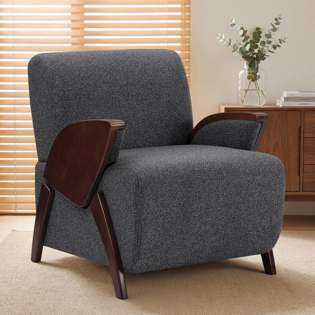 Upholstered Accent Chair with Curved Wooden Armrests, Thick Padded Seat and High Backrest