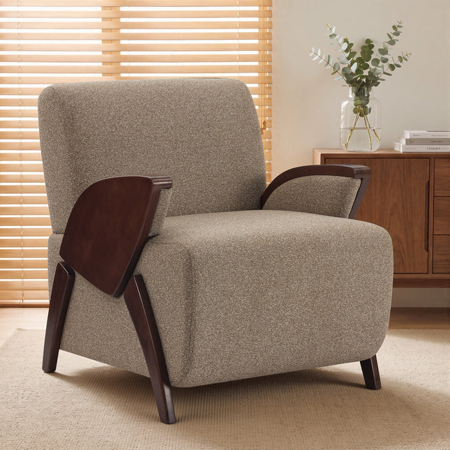 Upholstered Accent Chair with Curved Wooden Armrests, Thick Padded Seat and High Backrest