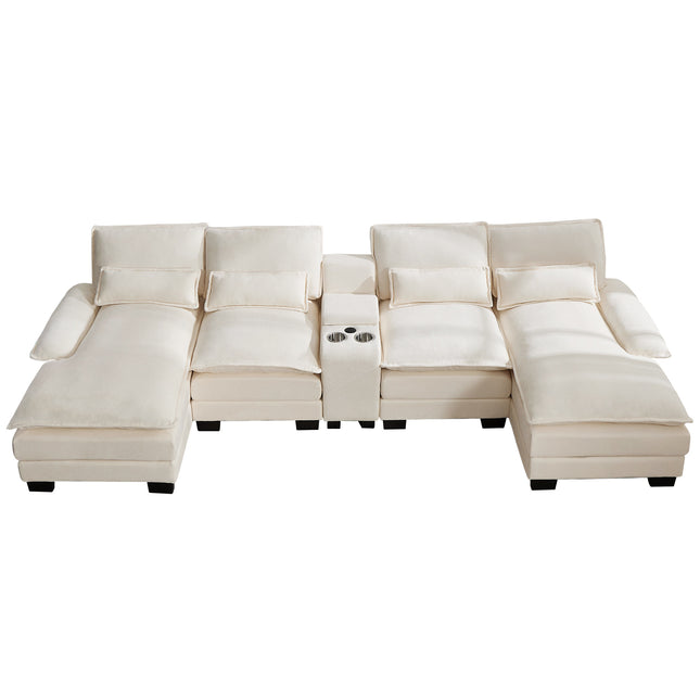 125'' U Shaped Cloud Modular Sofa with Chaise Lounges, Chenille Upholstered Comfy Sectional Couch with Storage Console, USB Charging Ports & Cup Holders, Modern Deep Seat Sofa for Living Room