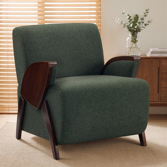 Upholstered Accent Chair with Curved Wooden Armrests, Thick Padded Seat and High Backrest