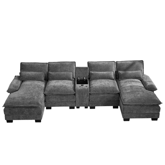 125'' U Shaped Cloud Modular Sofa with Chaise Lounges, Chenille Upholstered Comfy Sectional Couch with Storage Console, USB Charging Ports & Cup Holders, Modern Deep Seat Sofa for Living Room