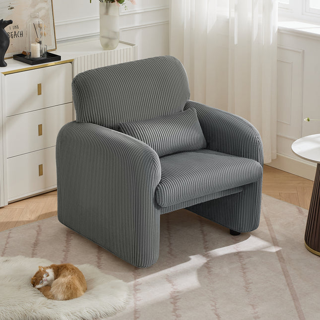 Corduroy Fabric Accent Chair, Modern Upholstered Living Room Chairs with Lumbar Pillow, Wide Comfy Leisure Armchair for Bedroom, Office, Reading