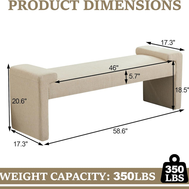 58.7" Linen End of Bed Bench Upholstered Modern Bedroom Bench for Living Room & Entryway, Easy Assembly, Footrest Ottoman Accent Window Bench with Solid Wood Frame & Curved Arm, Tan