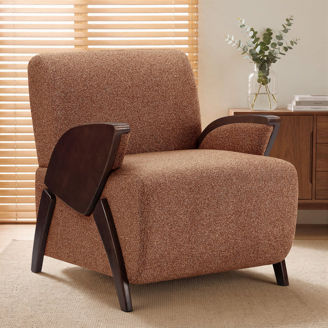 Upholstered Accent Chair with Curved Wooden Armrests, Thick Padded Seat and High Backrest