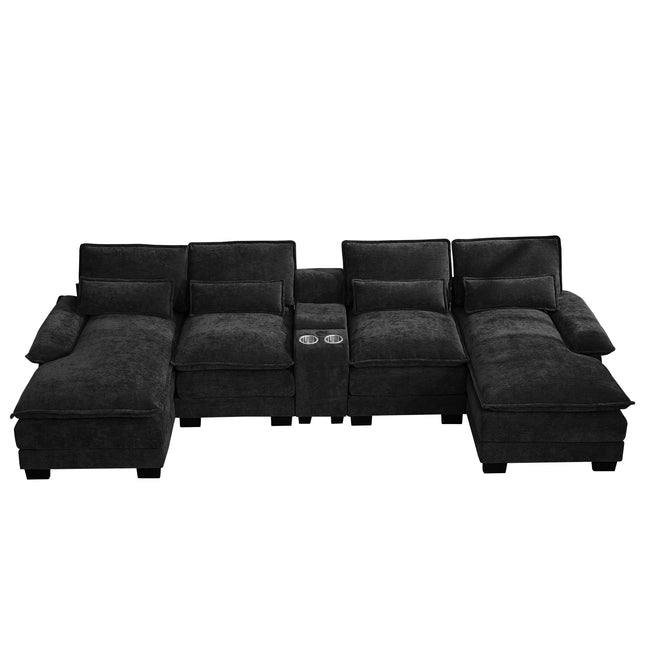 125'' U Shaped Cloud Modular Sofa with Chaise Lounges, Chenille Upholstered Comfy Sectional Couch with Storage Console, USB Charging Ports & Cup Holders, Modern Deep Seat Sofa for Living Room