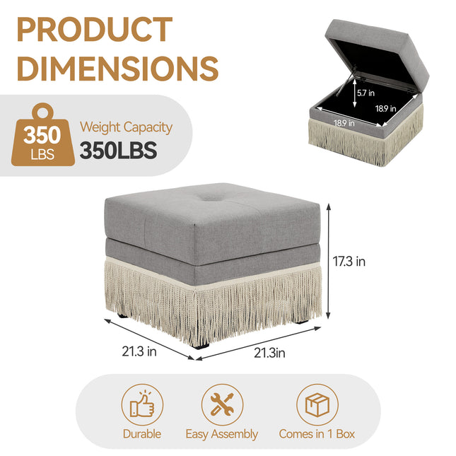 Upholstered Ottoman with Fringe Trim, Tufted Cushion, Wooden Legs and Safety Support Hinge