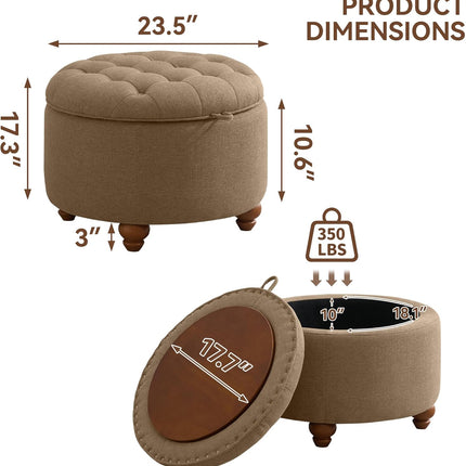 24" 30''Round Storage Ottoman with Tray, Modern Tufted Fabric Circle Coffee Table with Storage, Upholstered Ottoman with Removable Top for Living Room, Bedroom