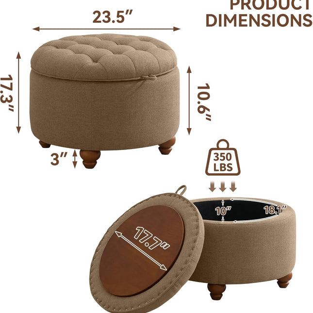24" 30''Round Storage Ottoman with Tray, Modern Tufted Fabric Circle Coffee Table with Storage, Upholstered Ottoman with Removable Top for Living Room, Bedroom