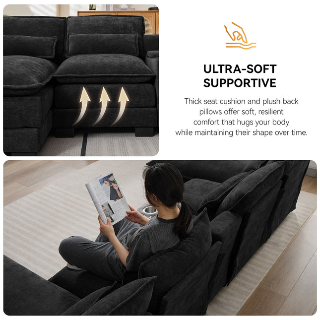 125'' U Shaped Cloud Modular Sofa with Chaise Lounges, Chenille Upholstered Comfy Sectional Couch with Storage Console, USB Charging Ports & Cup Holders, Modern Deep Seat Sofa for Living Room