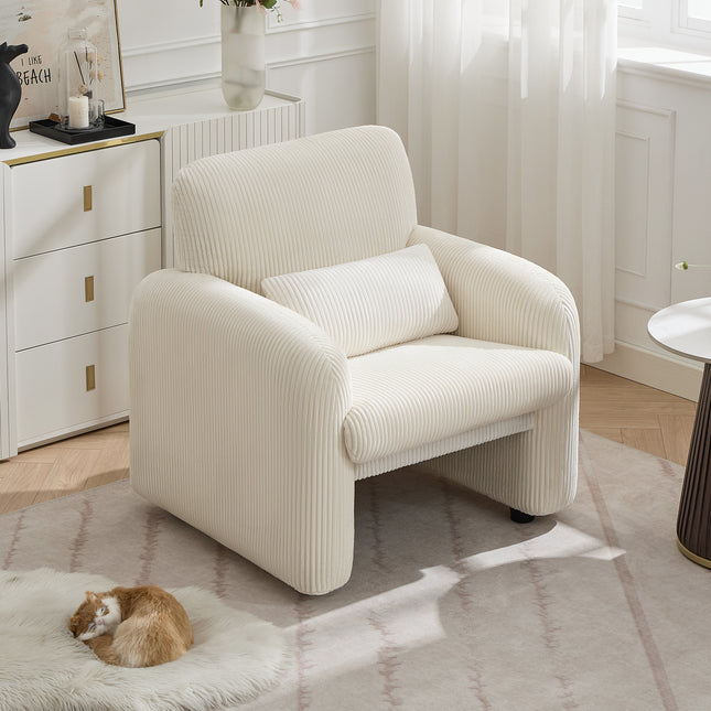 Corduroy Fabric Accent Chair, Modern Upholstered Living Room Chairs with Lumbar Pillow, Wide Comfy Leisure Armchair for Bedroom, Office, Reading