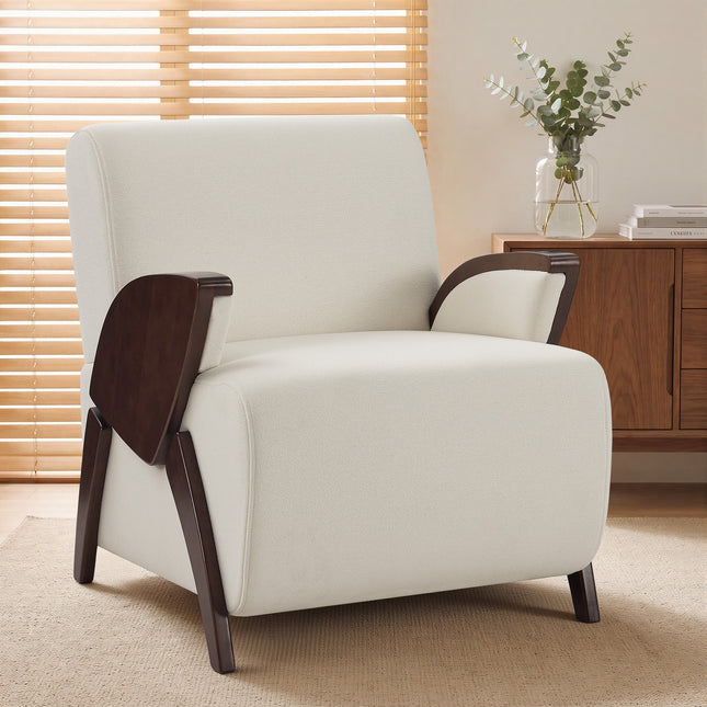 Upholstered Accent Chair with Curved Wooden Armrests, Thick Padded Seat and High Backrest