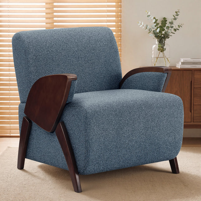 Upholstered Accent Chair with Curved Wooden Armrests, Thick Padded Seat and High Backrest