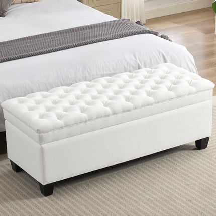 51" Fabric Storage Ottoman Bench, Upholstered Rectangle End of Bed Storage Ottoman Tufted Living Room Bedroom Bench with Safety Hinge, Solid Wood Legs, Loads 500 lb