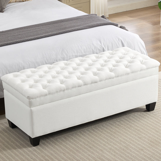 51" Fabric Storage Ottoman Bench, Upholstered Rectangle End of Bed Storage Ottoman Tufted Living Room Bedroom Bench with Safety Hinge, Solid Wood Legs, Loads 500 lb