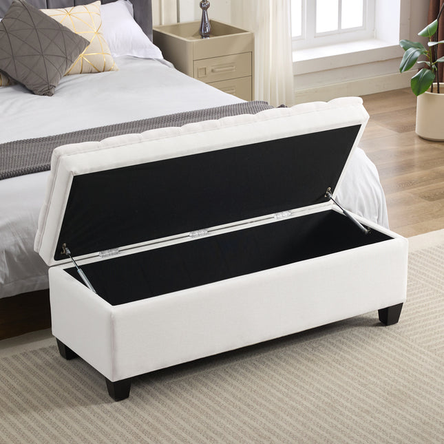 51" Fabric Storage Ottoman Bench, Upholstered Rectangle End of Bed Storage Ottoman Tufted Living Room Bedroom Bench with Safety Hinge, Solid Wood Legs, Loads 500 lb