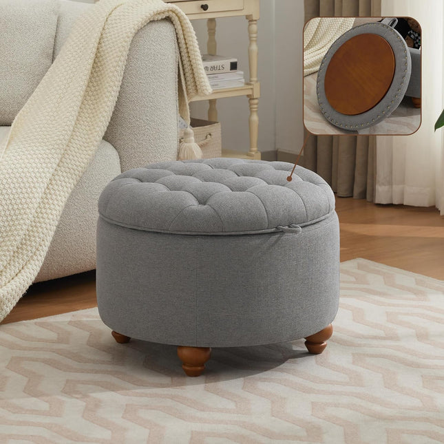 24" 30''Round Storage Ottoman with Tray, Modern Tufted Fabric Circle Coffee Table with Storage, Upholstered Ottoman with Removable Top for Living Room, Bedroom