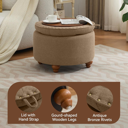 24" 30''Round Storage Ottoman with Tray, Modern Tufted Fabric Circle Coffee Table with Storage, Upholstered Ottoman with Removable Top for Living Room, Bedroom