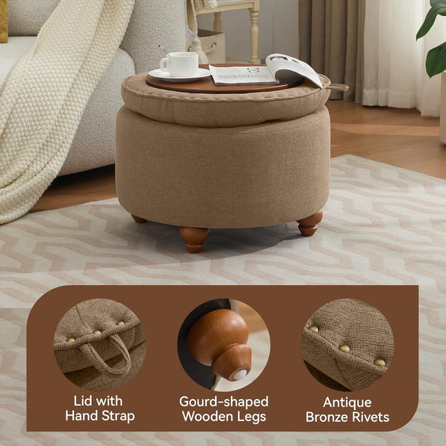 24" 30''Round Storage Ottoman with Tray, Modern Tufted Fabric Circle Coffee Table with Storage, Upholstered Ottoman with Removable Top for Living Room, Bedroom