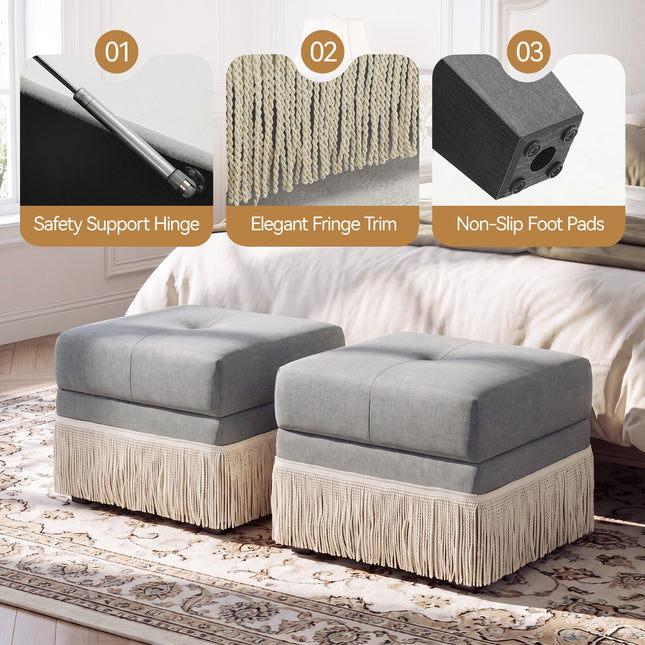 Upholstered Ottoman with Fringe Trim, Tufted Cushion, Wooden Legs and Safety Support Hinge