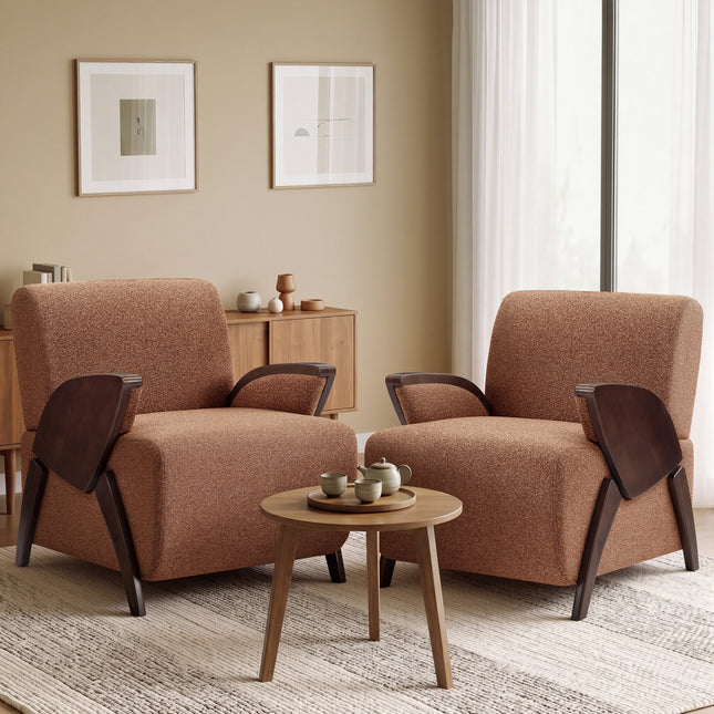 Upholstered Accent Chair with Curved Wooden Armrests, Thick Padded Seat and High Backrest