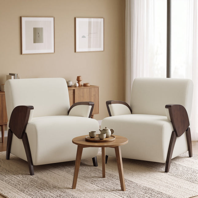 Upholstered Accent Chair with Curved Wooden Armrests, Thick Padded Seat and High Backrest