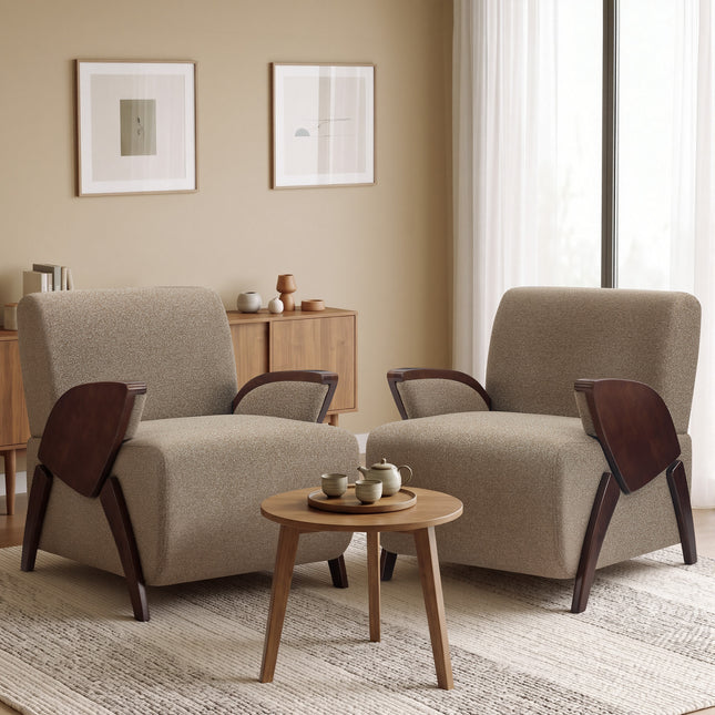 Upholstered Accent Chair with Curved Wooden Armrests, Thick Padded Seat and High Backrest