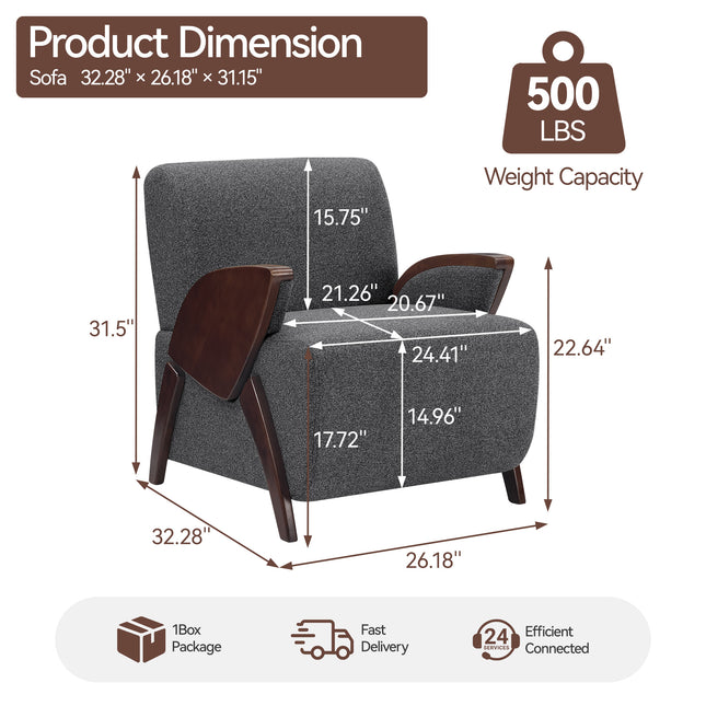 Upholstered Accent Chair with Curved Wooden Armrests, Thick Padded Seat and High Backrest