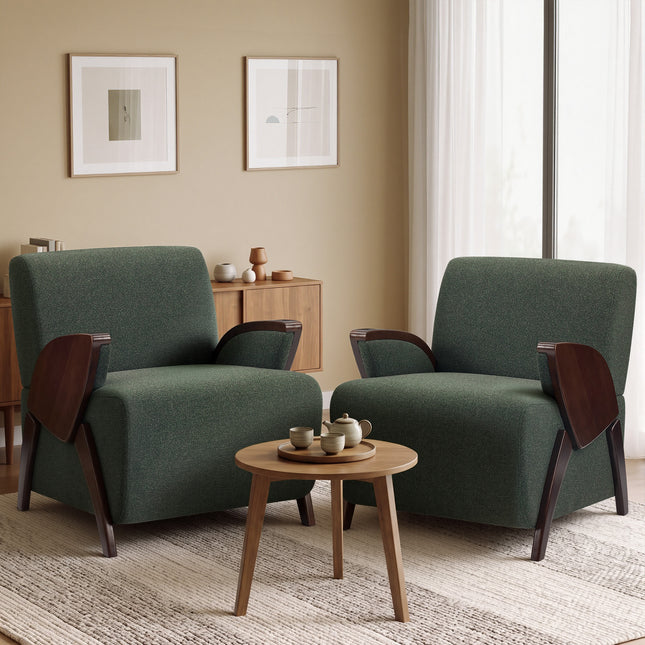 Upholstered Accent Chair with Curved Wooden Armrests, Thick Padded Seat and High Backrest