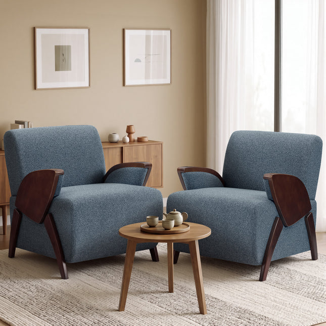 Upholstered Accent Chair with Curved Wooden Armrests, Thick Padded Seat and High Backrest
