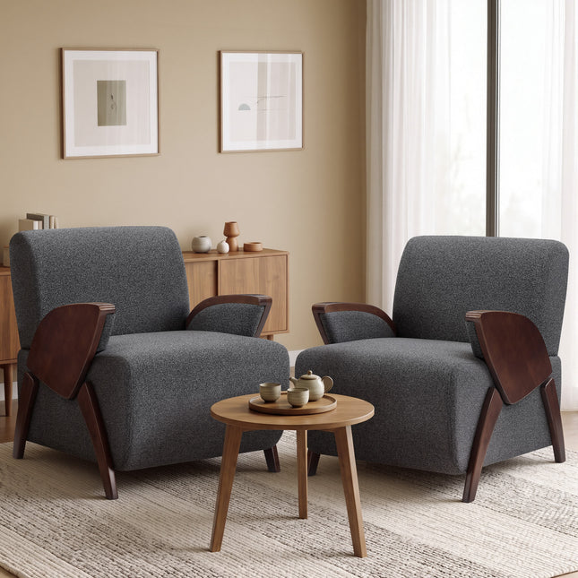 Upholstered Accent Chair with Curved Wooden Armrests, Thick Padded Seat and High Backrest