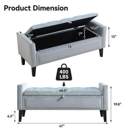 47" Velvet Storage Bench, Upholstered Bed Bench with Storage, End of Bed Ottoman with Wooden Legs,Bedside Storage Bench for Bedroom, Living Room, or Entryway