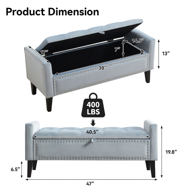 47" Velvet Storage Bench, Upholstered Bed Bench with Storage, End of Bed Ottoman with Wooden Legs,Bedside Storage Bench for Bedroom, Living Room, or Entryway