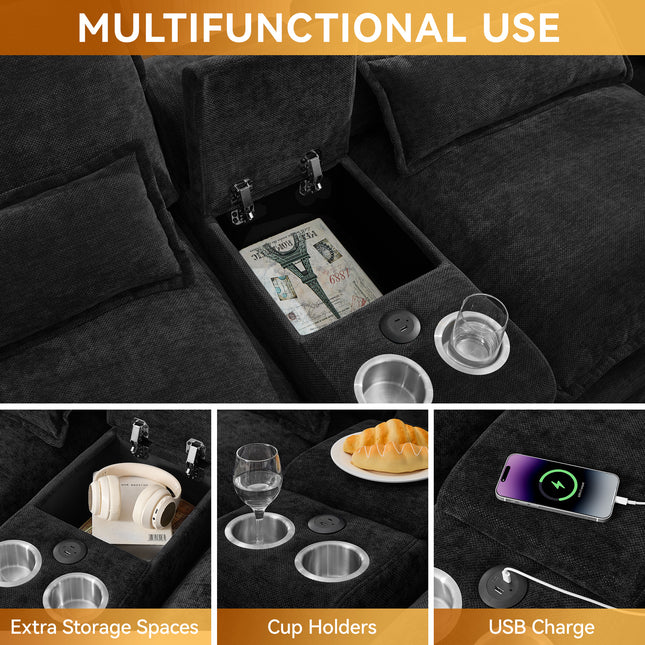125'' U Shaped Cloud Modular Sofa with Chaise Lounges, Chenille Upholstered Comfy Sectional Couch with Storage Console, USB Charging Ports & Cup Holders, Modern Deep Seat Sofa for Living Room