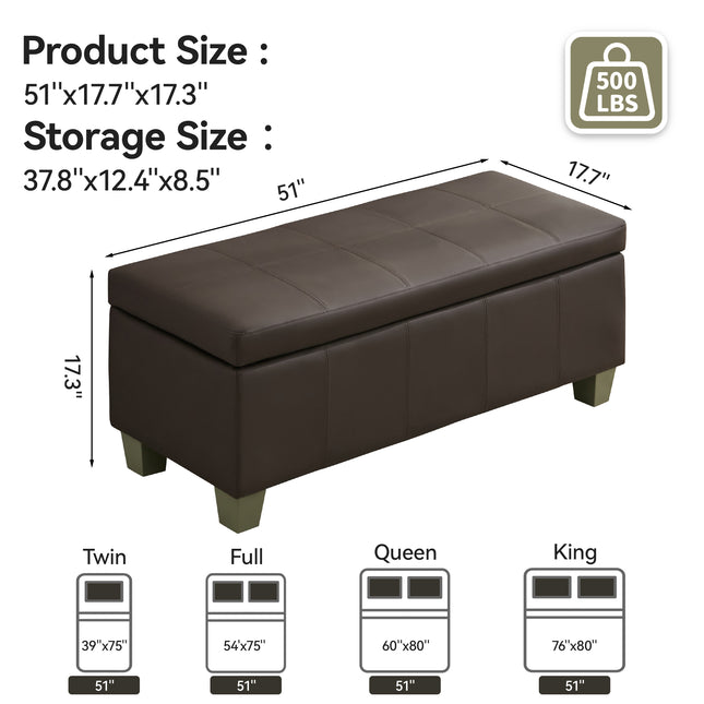 41" 51'' Faux Leather Storage Ottoman, Stitch Tufted Rectangle Upholstered End of Bed Storage Bench, Entryway Large Couch Ottoman with Wooden Legs