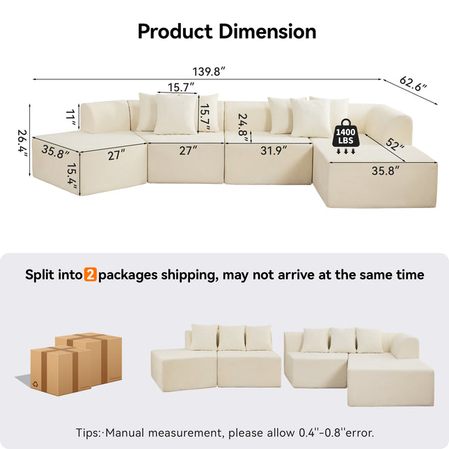 140''Oversized Cloud Velvet Curved Sectional Couch, Boneless Couch with L-Shape Chaise, Upholstered Compression Memory Foam Modular Sectional Sofa for Living Room, No Assembly Required